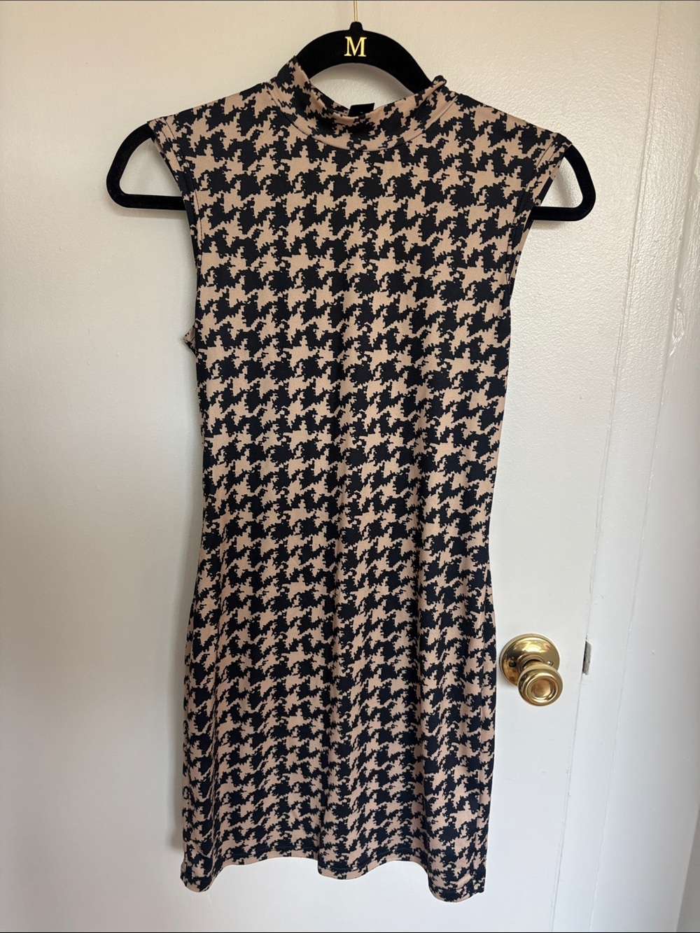 SHEIN Black & Beige Houndstooth Mock Neck Midi Dress